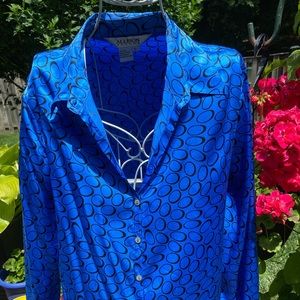 Royal blue and black patterned long sleeve blouse
